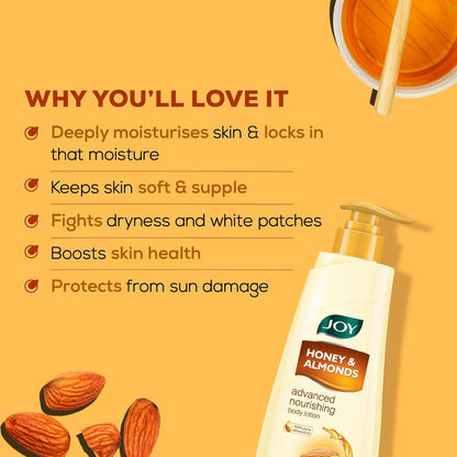 Joy Honey & Almonds Advanced Nourishing Lightweight Winter Body Lotion 500ml | Enriched With Shea Butter | Natural Sunscreen Filters | Suitable for Normal to Dry Skin