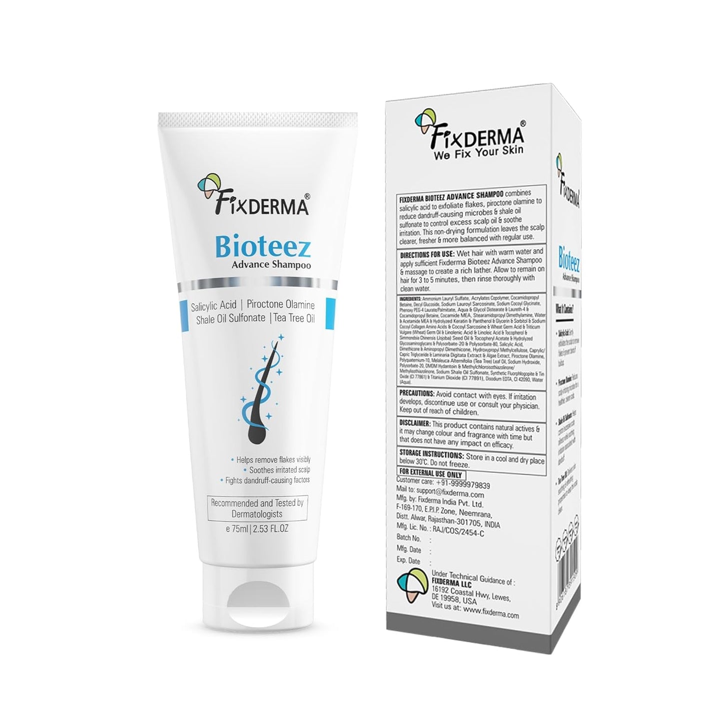 Fixderma Bioteez Advance Anti Dandruff Shampoo for Itchy & Psoriasis Scalp with Salicylic Acid| For Men & Women | Psoriasis Shampoo for Scalp - 75ml
