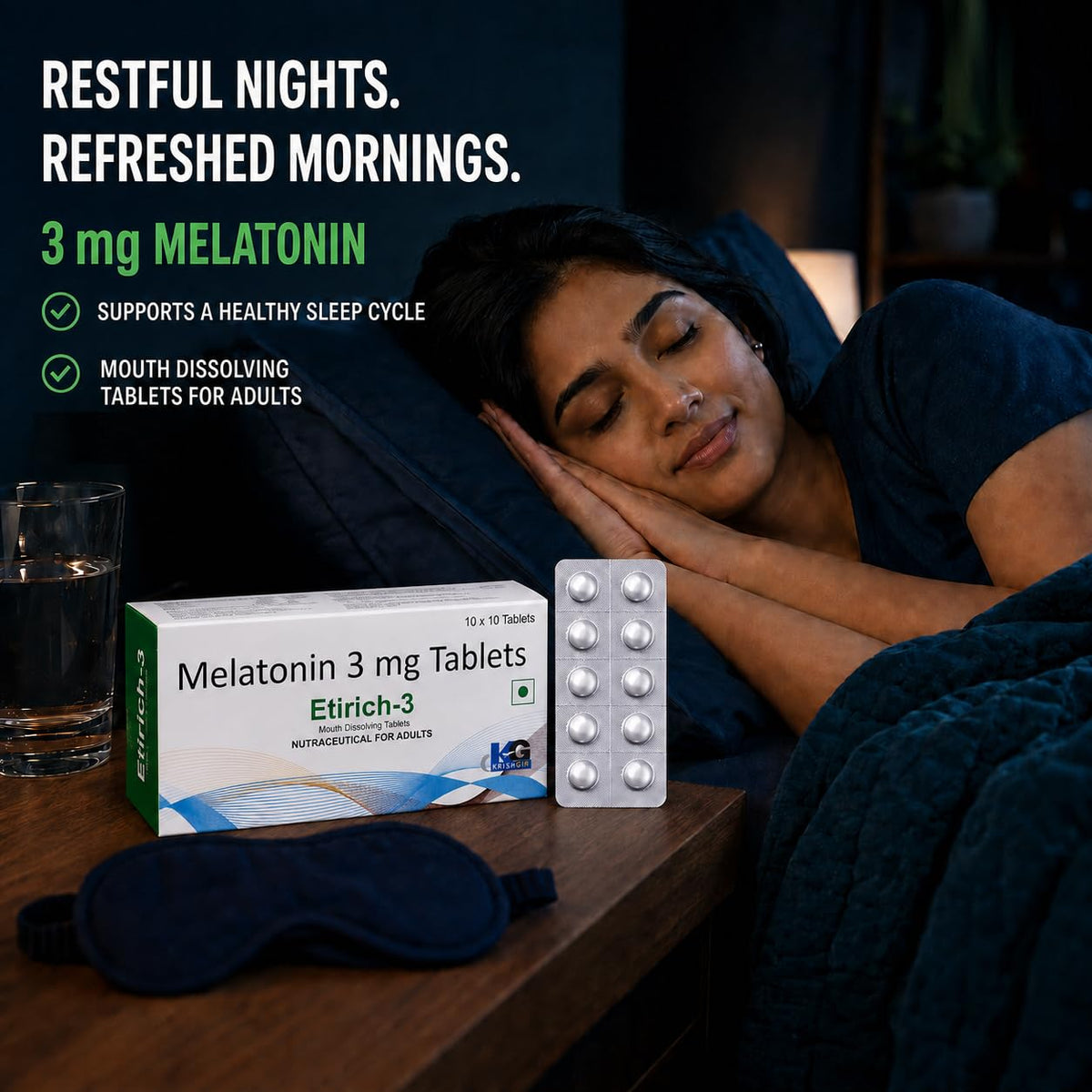 Etirich-3 Melatonin 3 mg Mouth Dissolving Chewable Tablet (100 Tablets) Deep Sleep Support, Non Habit Forming, Helps Regulate Sleep-Wake-Cycle, Sleeping Aid Nutrition Supplement, Vanilla flavoured