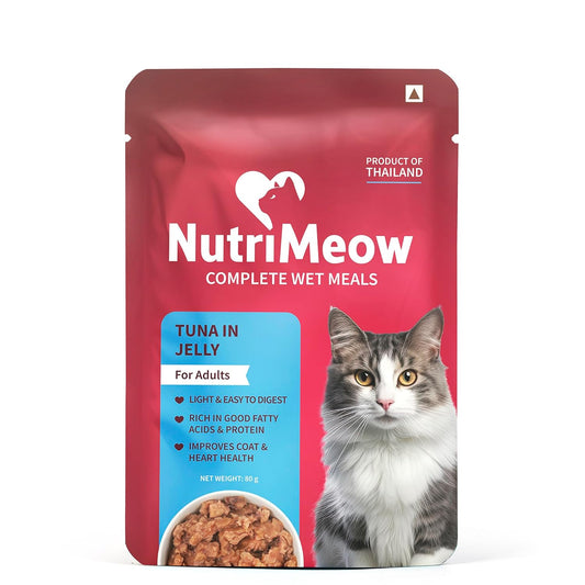 NutriMeow Tuna in Jelly Wet Food Pouch for Adult Cats - 80gm | High Protein, Nutritious & Tasty | Complete & Balanced Cat Meal | Healthy Food for Persian & All Breeds