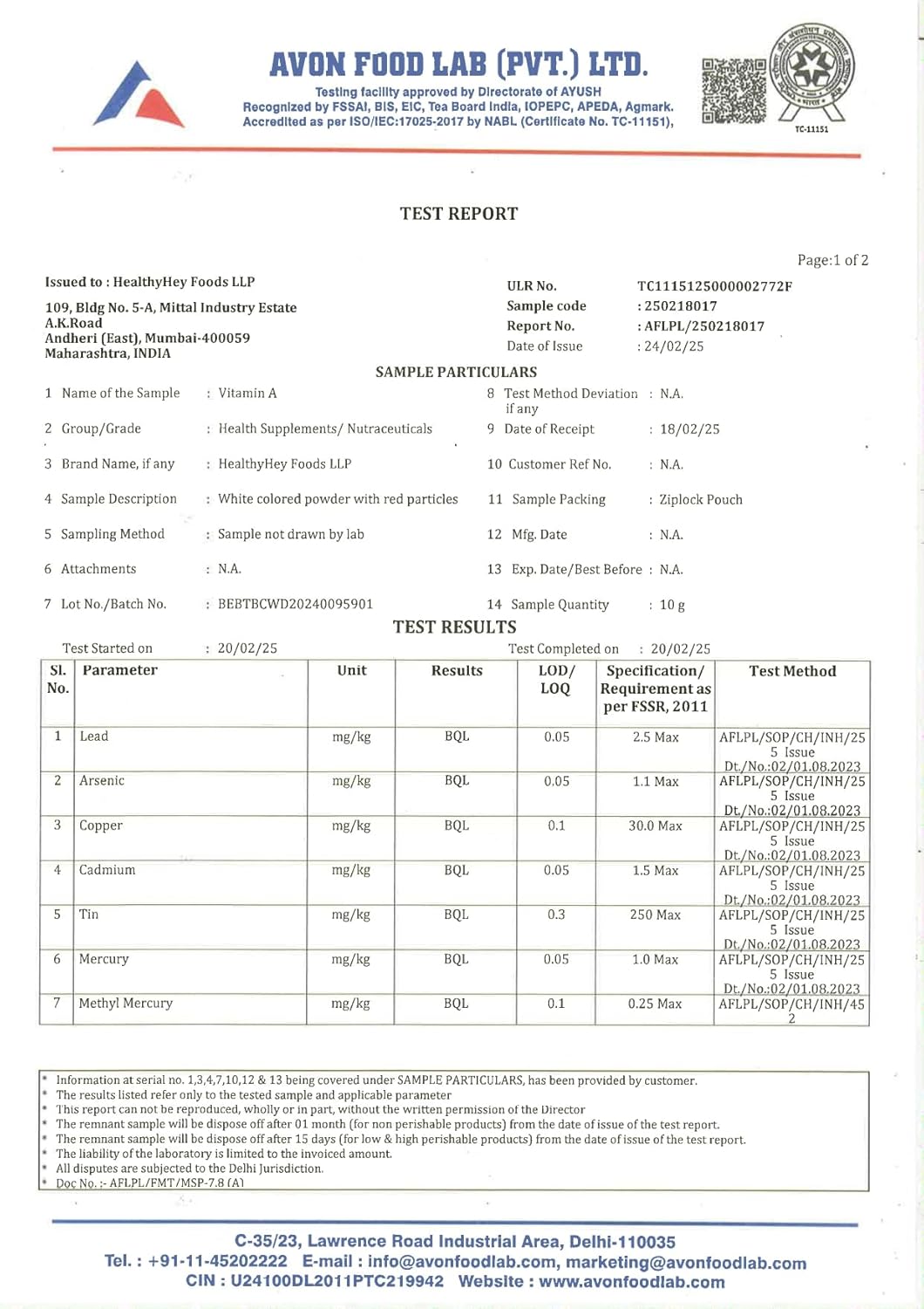 Avon Food Lab test report with various parameters and results.