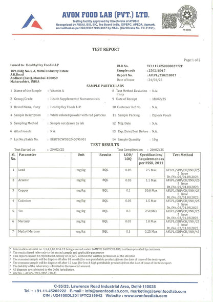 Avon Food Lab test report with various parameters and results.