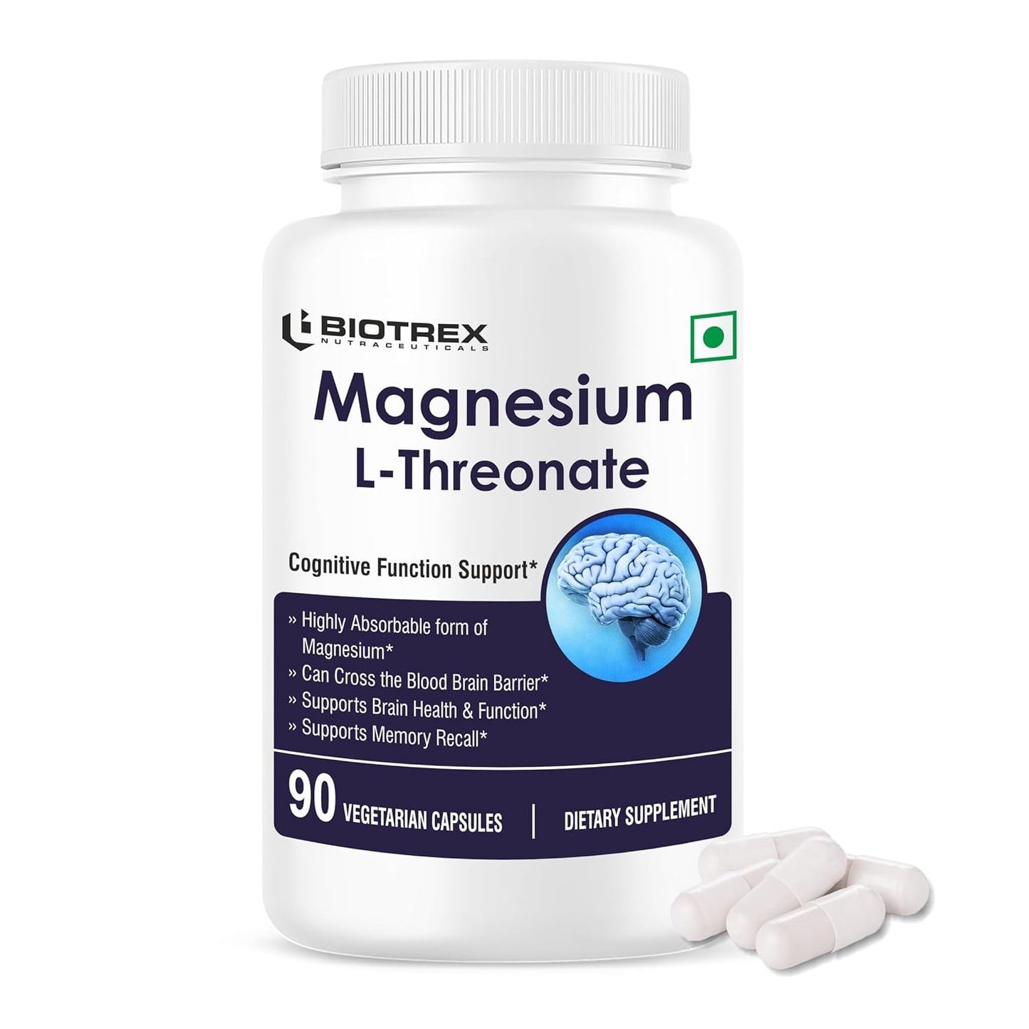 Biotrex Nutraceuticals Magnesium L Threonate 2000mg Per Serving | Better sleep, Cognitive Support & Quick Thinking | Brain & Memory Function | Most Bioavailable Form of Magnesium | 90 Vegetarian Capsules
