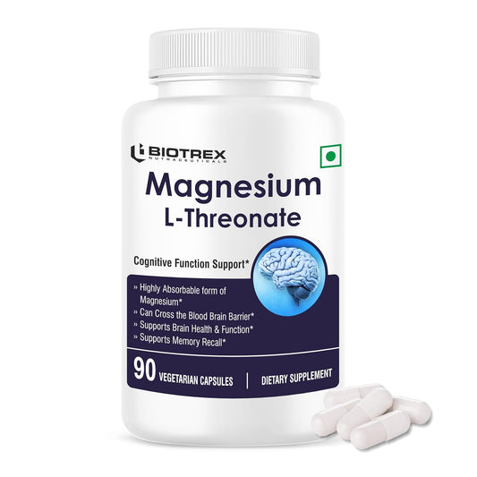 Biotrex Nutraceuticals Magnesium L Threonate 2000mg Per Serving | Better sleep, Cognitive Support & Quick Thinking | Brain & Memory Function | Most Bioavailable Form of Magnesium | 90 Vegetarian Capsules