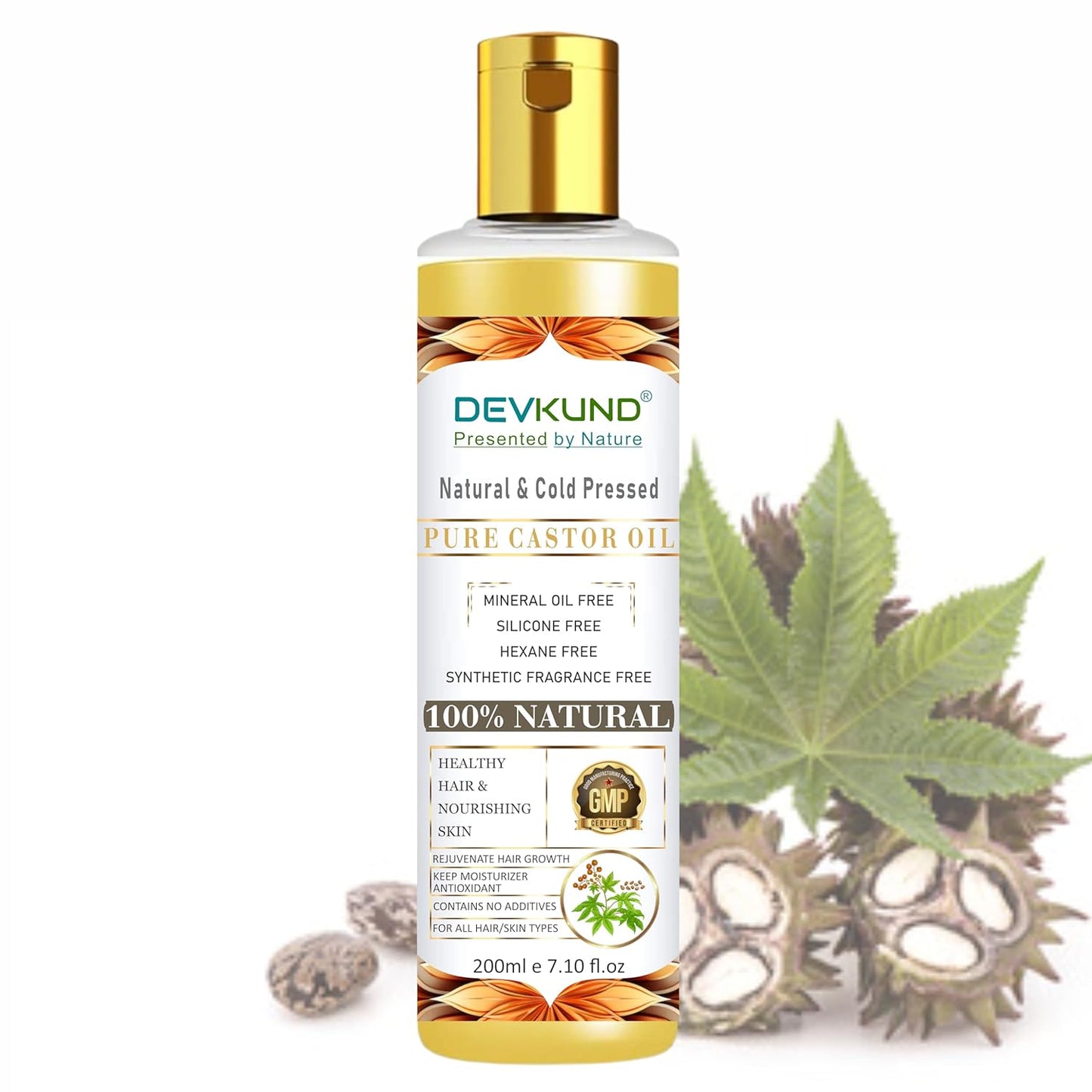 DevKund Pure Castor Oil bottle with a gold cap and nature-themed design on a white background.