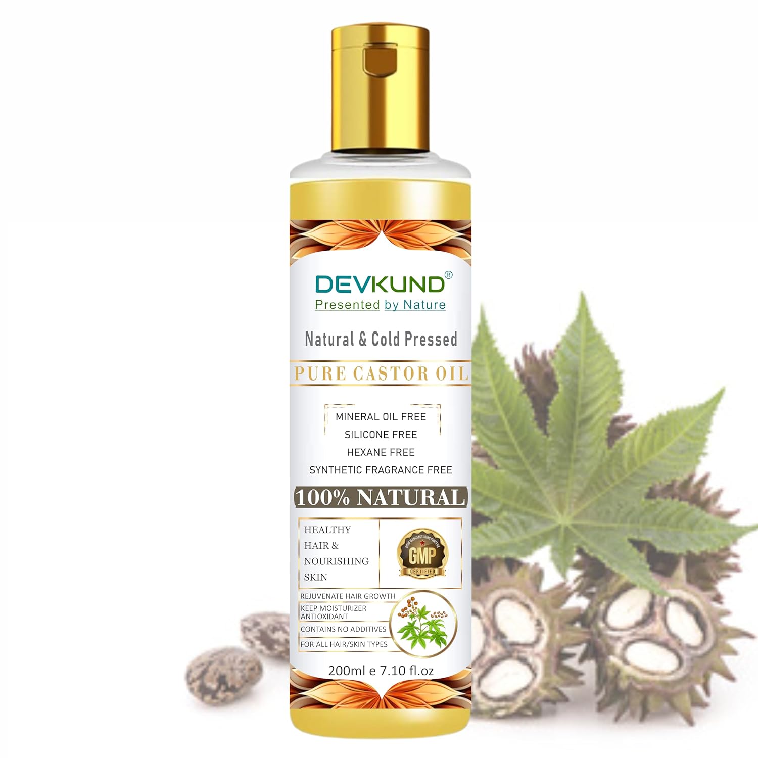 DevKund Pure Castor Oil bottle with a gold cap and nature-themed design on a white background.