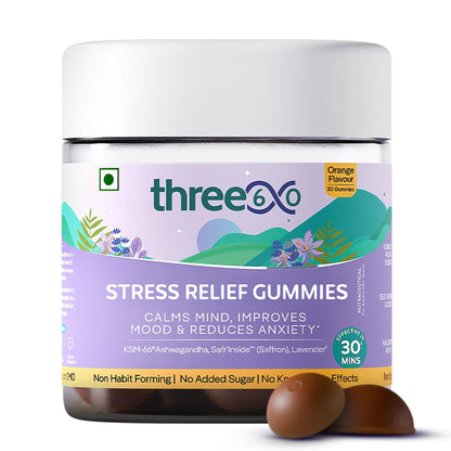 three60 STRESS RELIEF Gummies |Reduces Stress & Cortisol Levels |Helps in Anxiety Relief & Calms Mind |KSM-66® Ashwagandha, Safr’InsideTM (Saffron), Lavender|Non-Habit Forming|30 Stress Relief Gummies