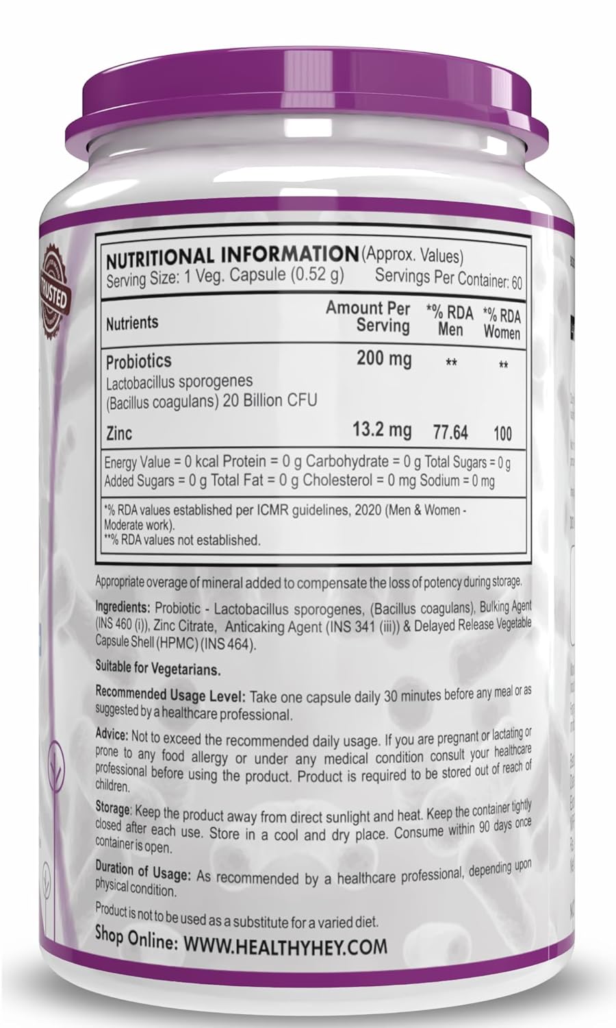 Supplement container with nutritional information label on a white background