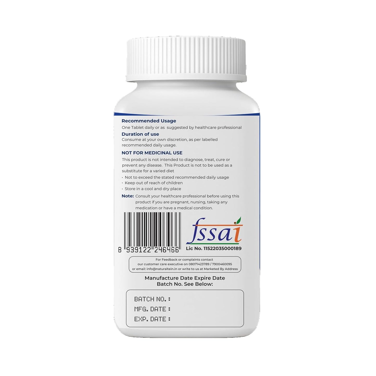 Back label of a supplement bottle with Tssai branding on a white background