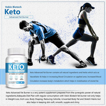 Advertisement for Vokin Biotech Keto Advanced Fat Burner with two people exercising.