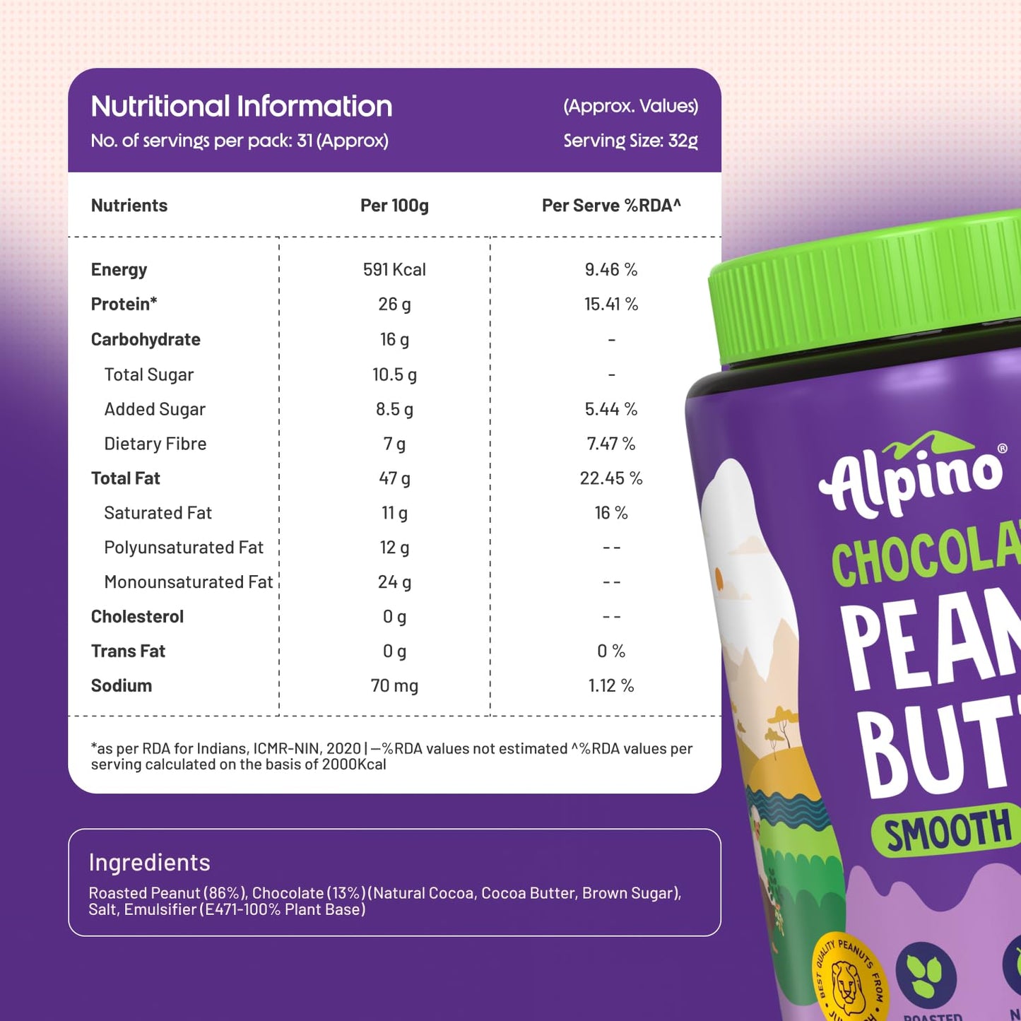 ALPINO Chocolate Peanut Butter Smooth - Roasted Peanuts, Chocolate Paste, Brown Sugar & Sea Salt - 26g Protein, Gluten Free – Plant Based Peanut Butter Creamy
