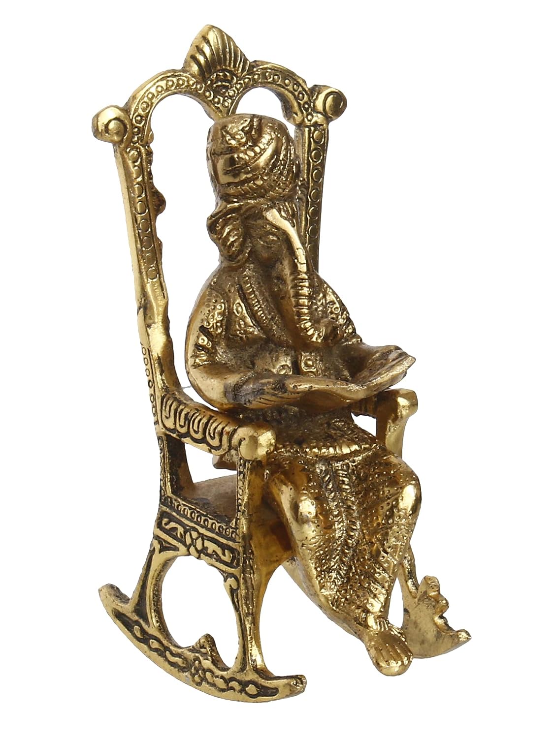 Golden Metal Lord Ganesha Idol Reading Book On Rocking Chair - Decorative Hindu God Statue for Home Decor - Gift for Diwali, Housewarming - Ideal for Living Room, Office, Study Areas