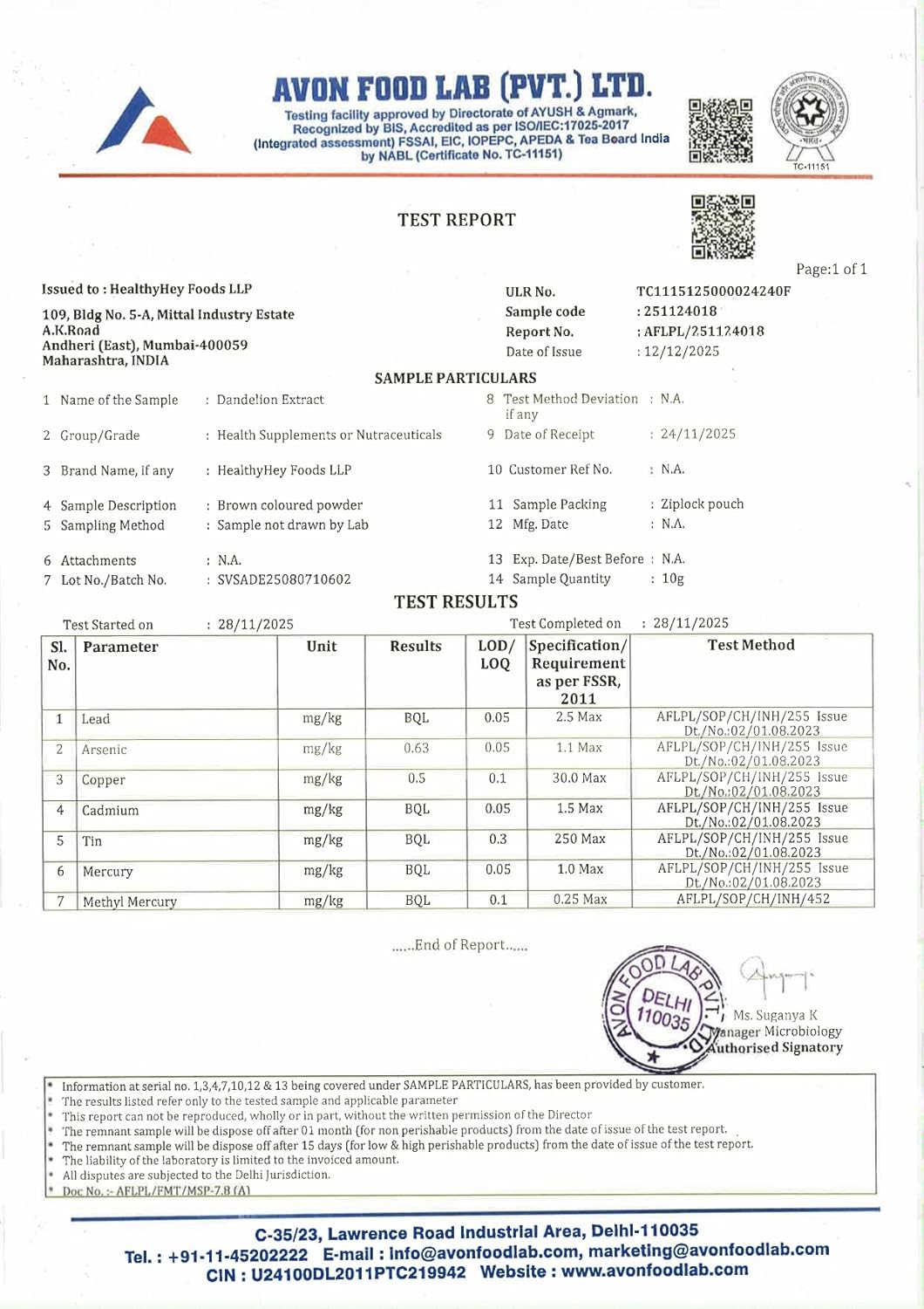 Avon Food Lab test report with various certifications and logos.