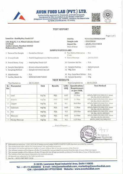 Avon Food Lab test report with various certifications and logos.