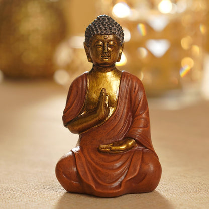 PURE HOME + LIVING Orange Antique Gold Polyresin Sitting Buddha - Small Meditating Sitting Idol Statue, for Table Top and Home Décor, Samadhi Buddha Sculpture (Pack of 1)