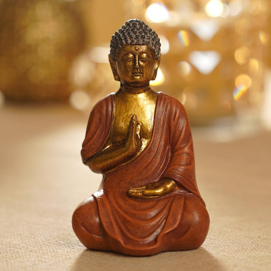 PURE HOME + LIVING Orange Antique Gold Polyresin Sitting Buddha - Small Meditating Sitting Idol Statue, for Table Top and Home Décor, Samadhi Buddha Sculpture (Pack of 1)