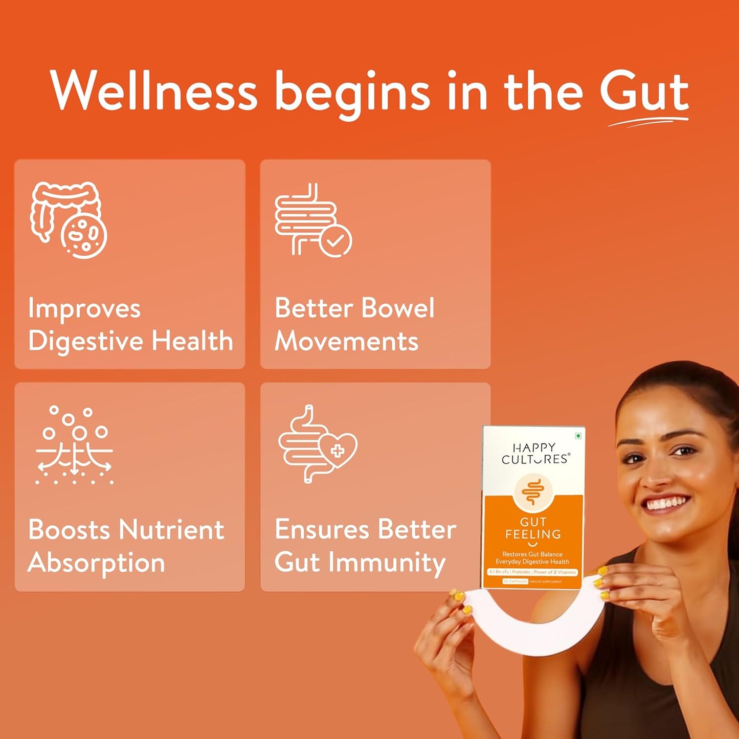 VELBIOM Happy Cultures Gut Feeling Digestion Supplement| Unique Blend Of Probiotics For Daily Digestive Health| B-Vitamins Gut Digestion |Clinically Tested For Men and Women - 30 Veg Capsules