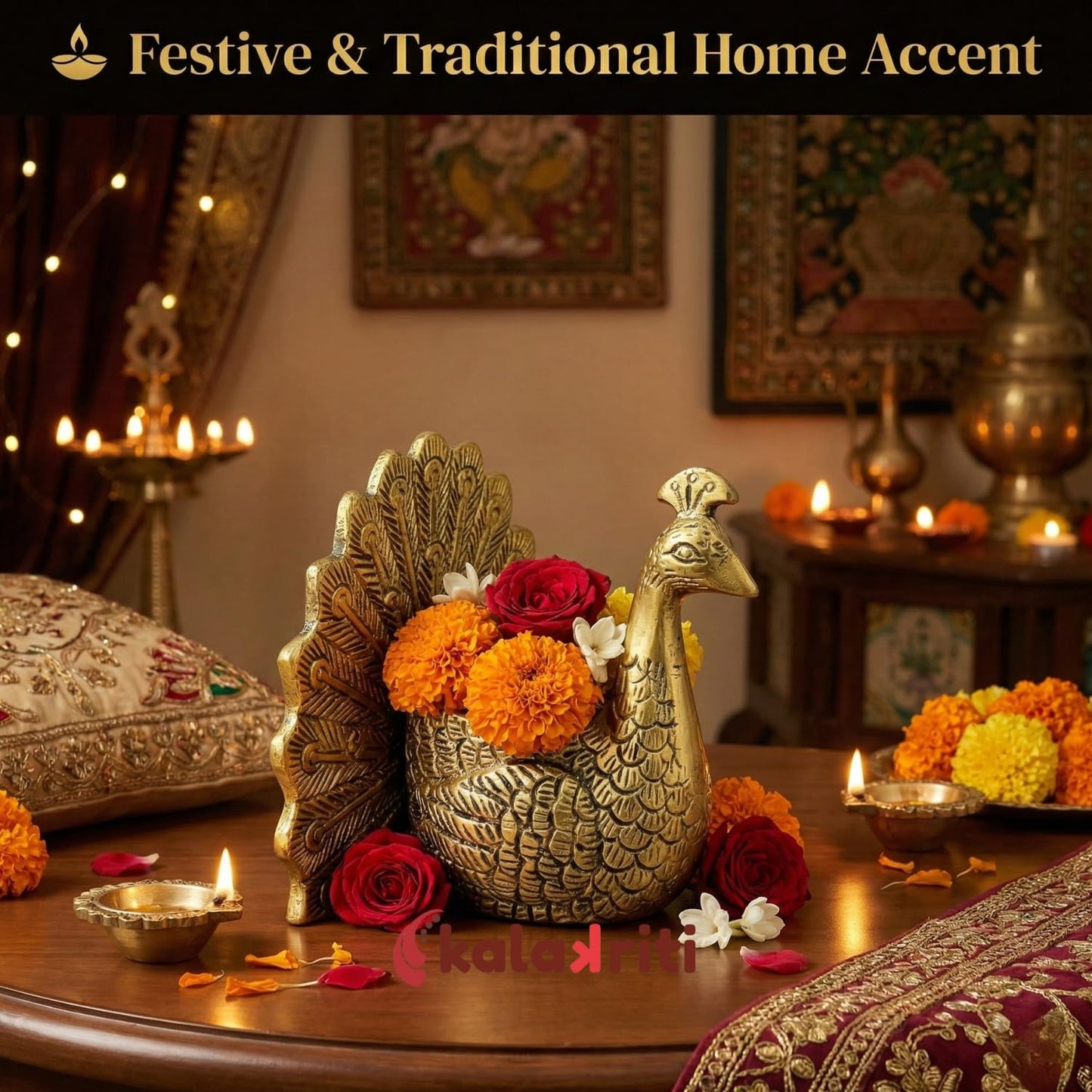 Kalakriti Aluminium Dancing Peacock Candle Holder for Good Luck | Tabletop Vastu Figurine Showpiece for Living Room Home Decor| Valentine Gift for Couples Anniversary Wedding (Candle not Included)