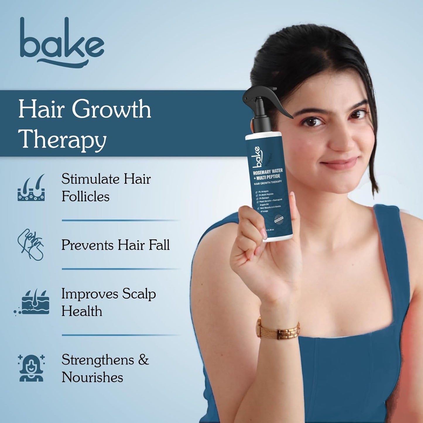 BAKE Rosemary Water Hair Growth Spray with Multi Peptides for Hair Fall Control & Hair Growth | 4% Anagain, 2% Baicapil, Plant Keratin | For Keratin Treated & Damaged Hair | 100ml