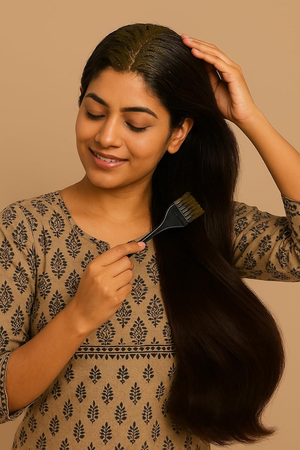 Woman with long dark hair holding a black hairbrush against a beige background