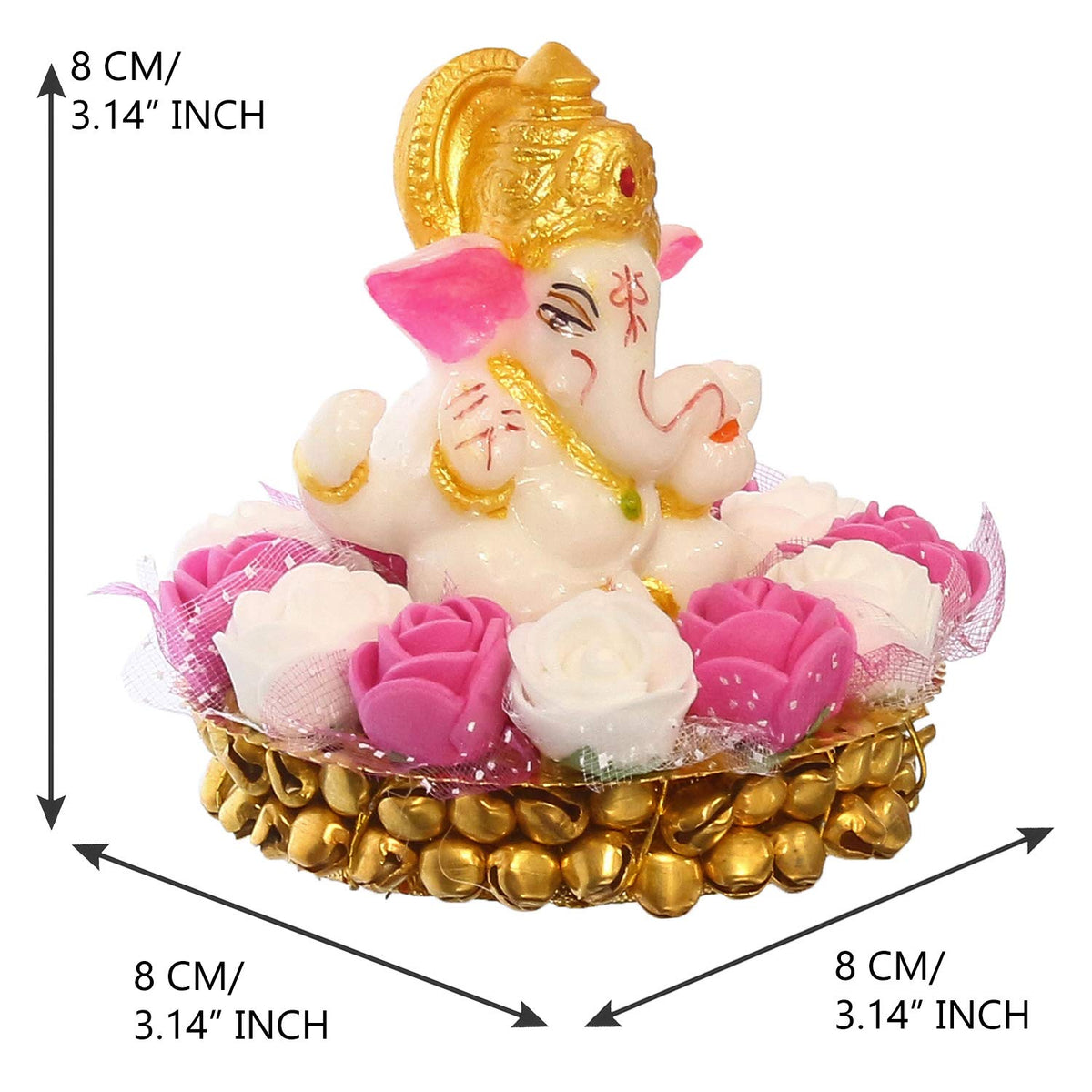 Lord Ganesha Idol on Decorative Handcrafted Plate with Pink and White Flowers