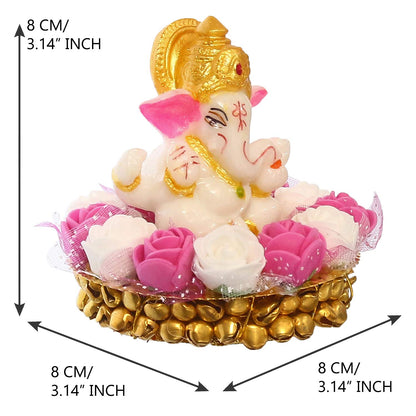 Lord Ganesha Idol on Decorative Handcrafted Plate with Pink and White Flowers