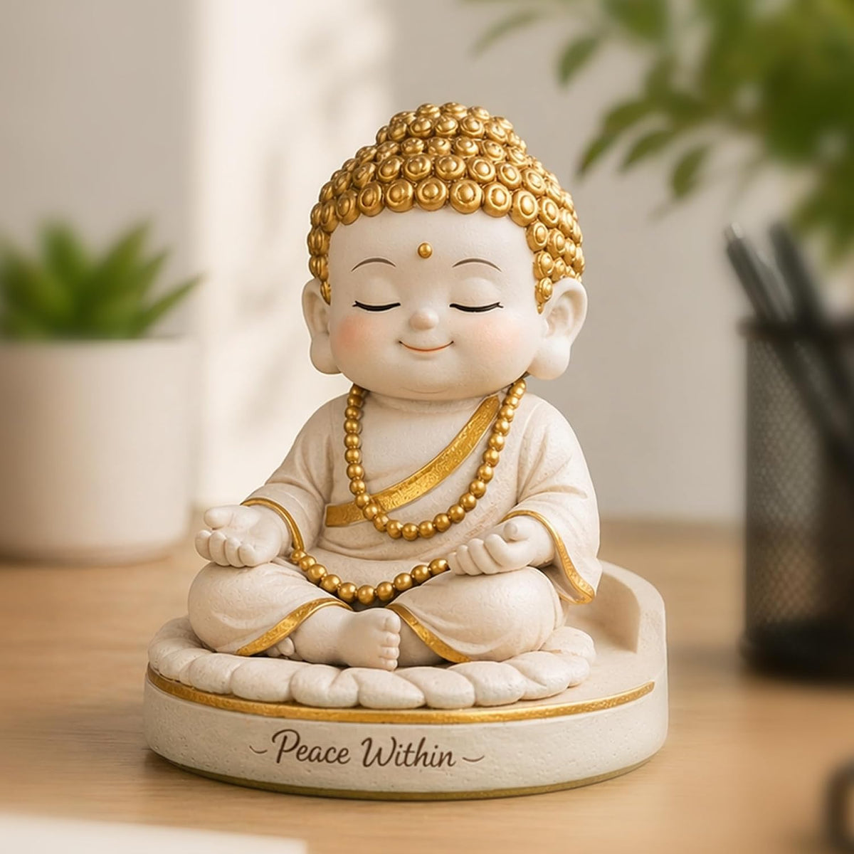 Baby Buddha Statue for Home Decor, 5 Inch White and Gold | Meditation Buddha Idol | Cute Monk Showpiece for Living Room, Office Desk, Table Decor & Gift Item