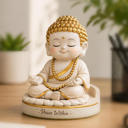 Baby Buddha Statue for Home Decor, 5 Inch White and Gold | Meditation Buddha Idol | Cute Monk Showpiece for Living Room, Office Desk, Table Decor & Gift Item
