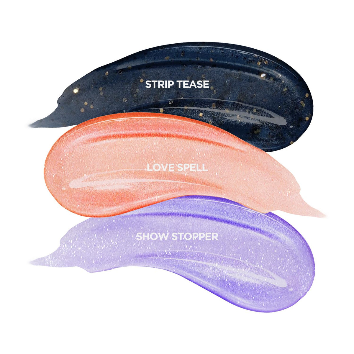 Three swatches of cosmetic product labeled 'Strip Tease', 'Love Spell', and 'Show Stopper' on a white background.