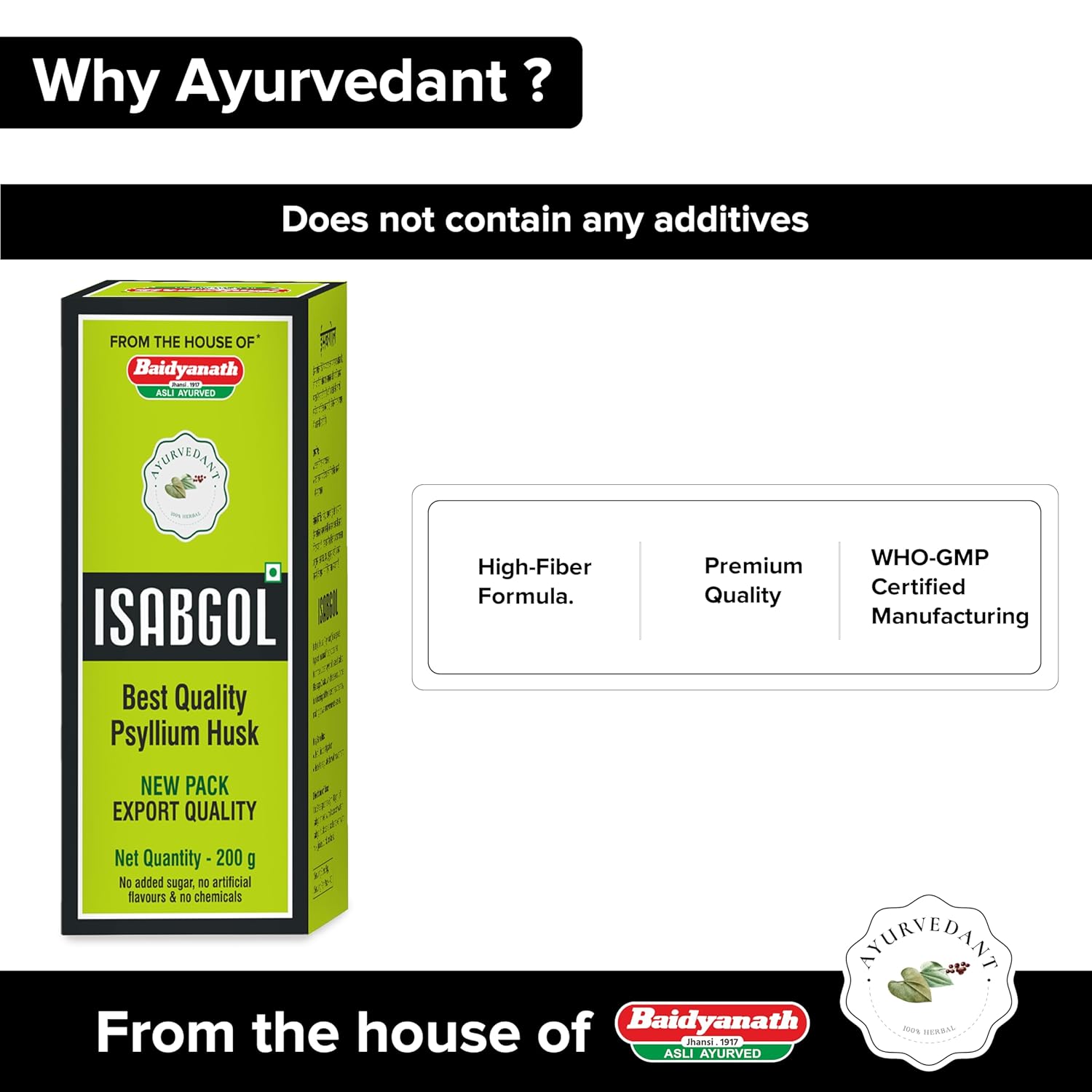 Baidyanath Isabgol packaging with text highlighting benefits and brand name.