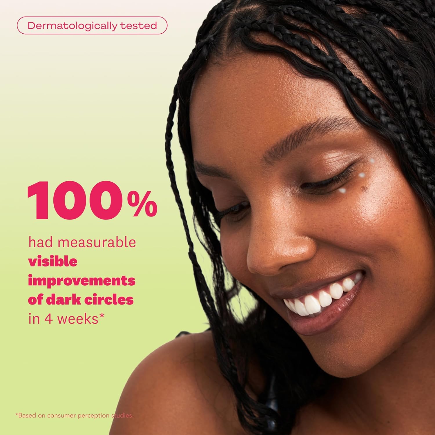 Woman with braided hair and a green background with text about product effectiveness.