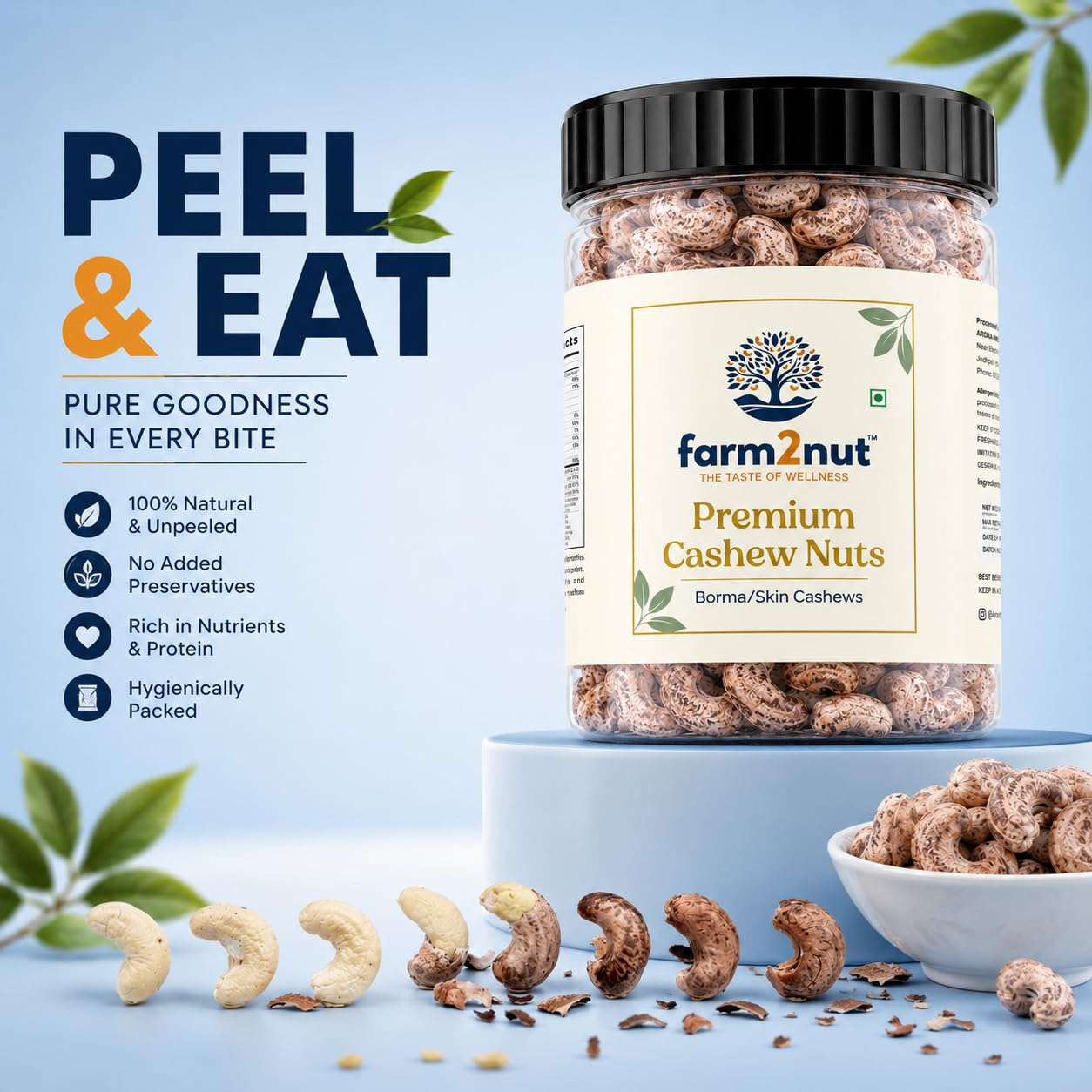 farm2nut Premium Borma Cashews/Skin Cashew Nuts Natural Unpeeled Whole Kaju Packed in Reusable Jar. Goa cashew nuts