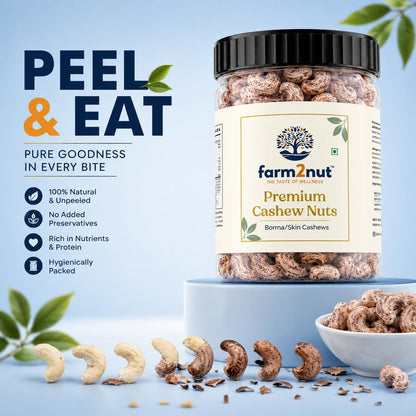 farm2nut Premium Borma Cashews/Skin Cashew Nuts Natural Unpeeled Whole Kaju Packed in Reusable Jar. Goa cashew nuts