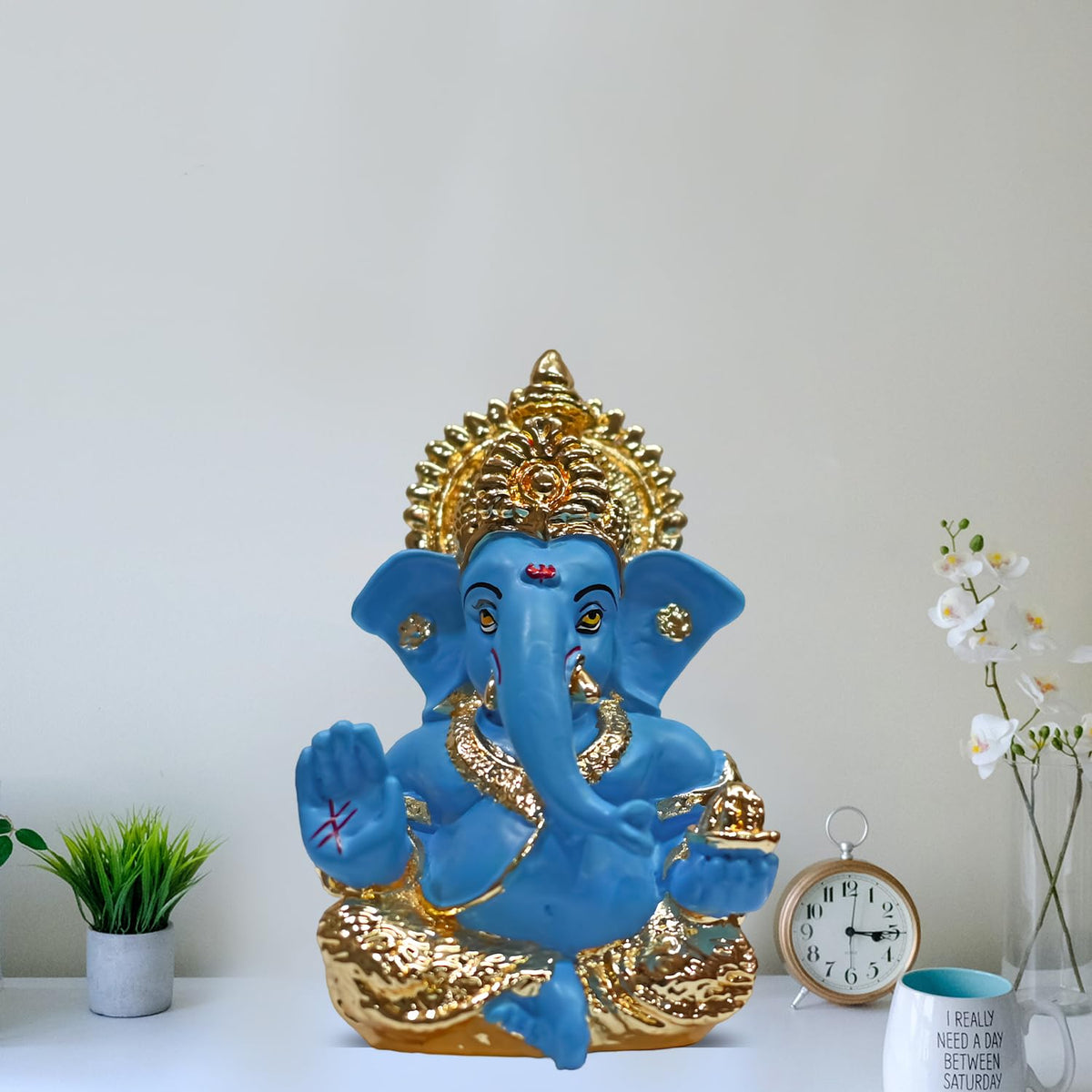 Gold Plated Lord Ganesha Idol for Home Decor Puja, Office & Home Shelves, Diwali Puja, and Gifting |Ganpati Murti Sculpture & Religious 3.5 Inches (8.89 x 5.08 cm) (Mukut Gold Blue)