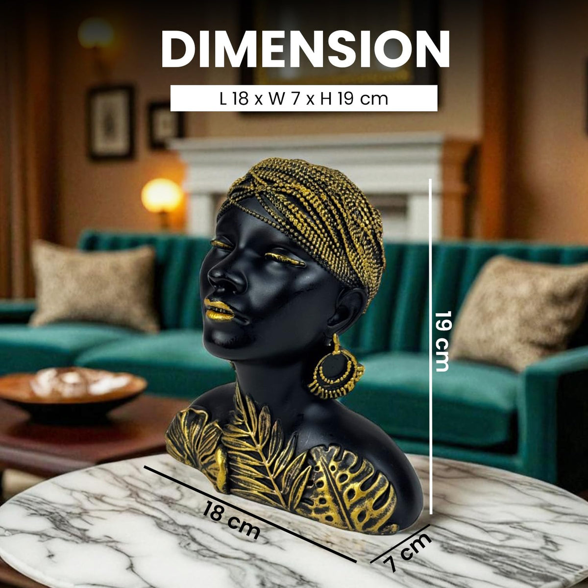 Black & Gold Tribal Leaf Lady Bust 19cm Polyresin African Woman Figurine | Elegant Table-Top Decorative Showpiece for Living-Room Office Desk Shelf & Gift Collectible Decorative Showpiece