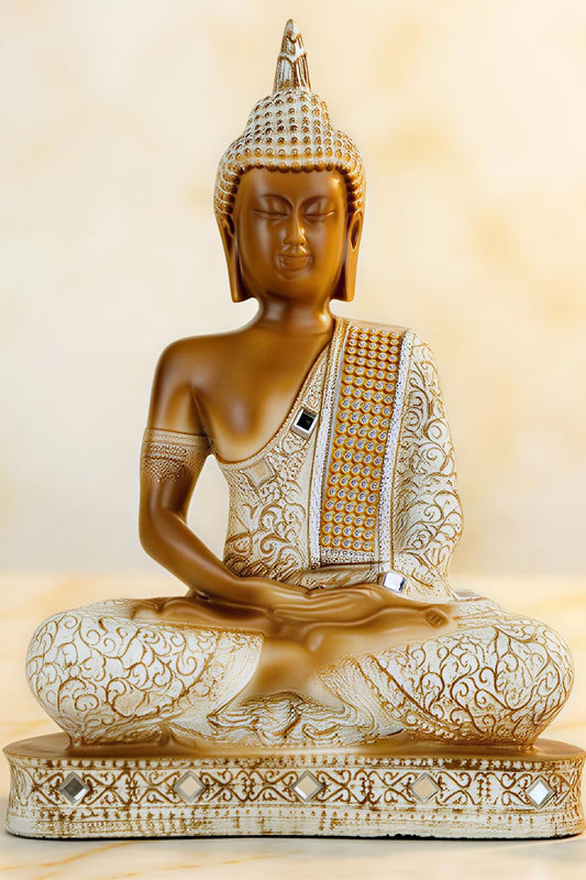 New Limited Edition 25 Centimetre Meditating Sitting Buddha Idol Statue showpiece Home Decor Decoration Items for Living Room and Gifts (White Brown)