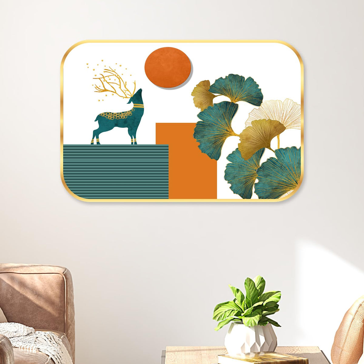 Abstract deer modern art Premium Sparkle Lamination Finished Surface Golden Slim Frame 30 cm x 46 cm Large Size, For Home/Office/Hotel painting MG18