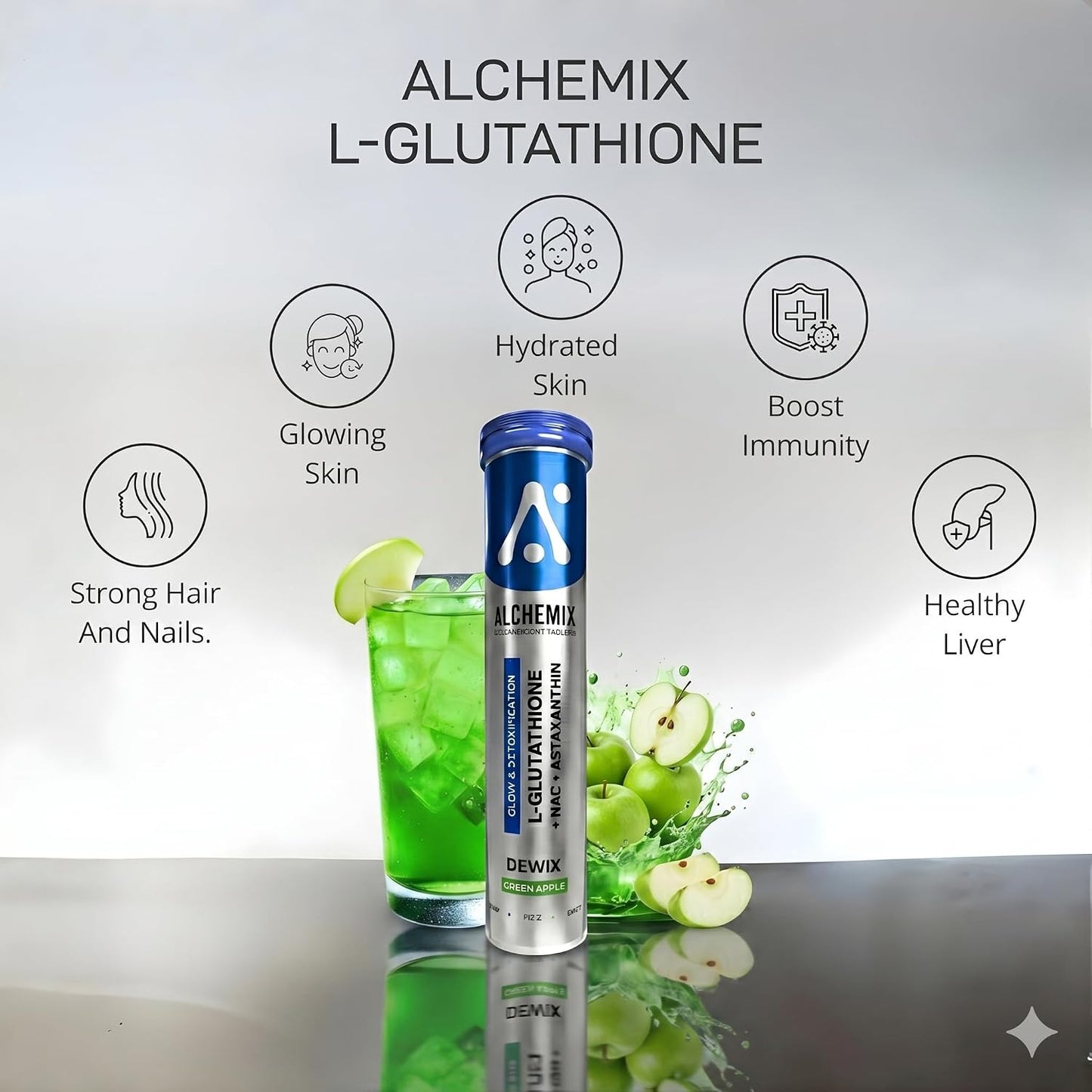 Alchemix Dewix L-Glutathione 600mg Effervescent Tablets with NAC 300mg, Astaxanthin, Vitamin C, Blueberry Flavor, Glow & Detoxification, Sugar-Free, 16 Tablets (1, Green Apple)
