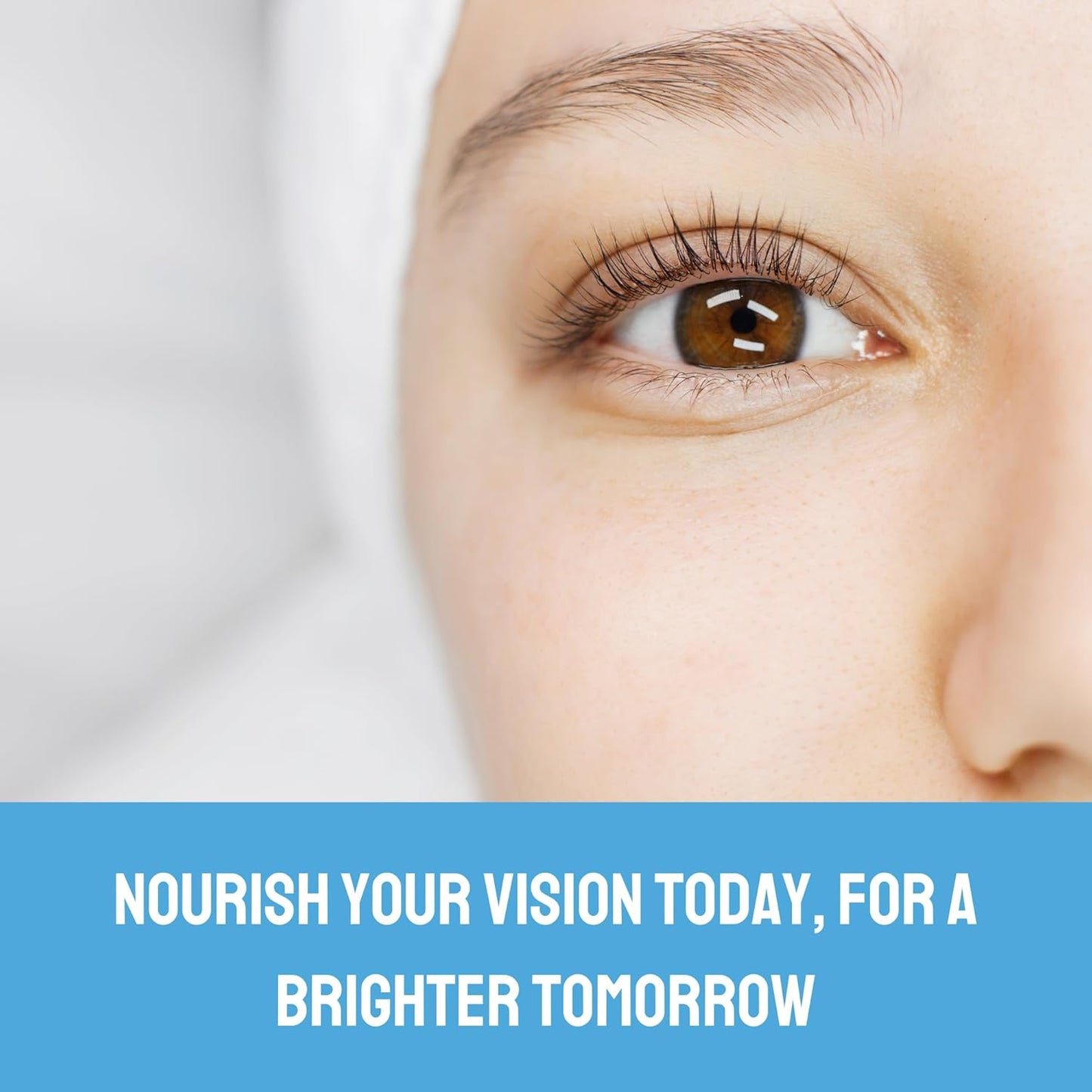 Close-up of a person's eye with a motivational quote about vision on a blue banner.