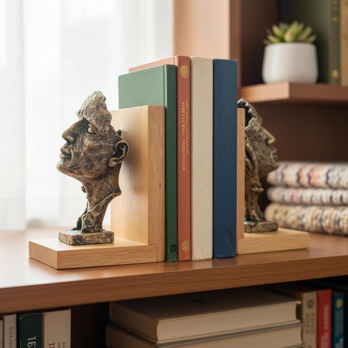 eCraftIndia Wooden Book End with Resin Handmade Human Face with Hand Showpieces for Home Decor Office Table | Gift for Housewarming Birthday