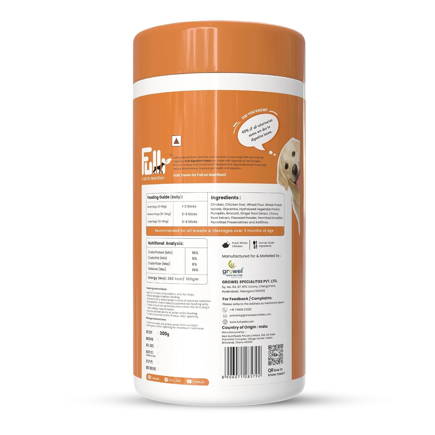 Fullr Digestive Care Dog Treats | Soft & Chewy Sticks with Pumpkin & Spinach | Supports Digestion, Gut Health & Immunity | Healthy Dog Treats for All Breeds & All Life Stages, 300 g