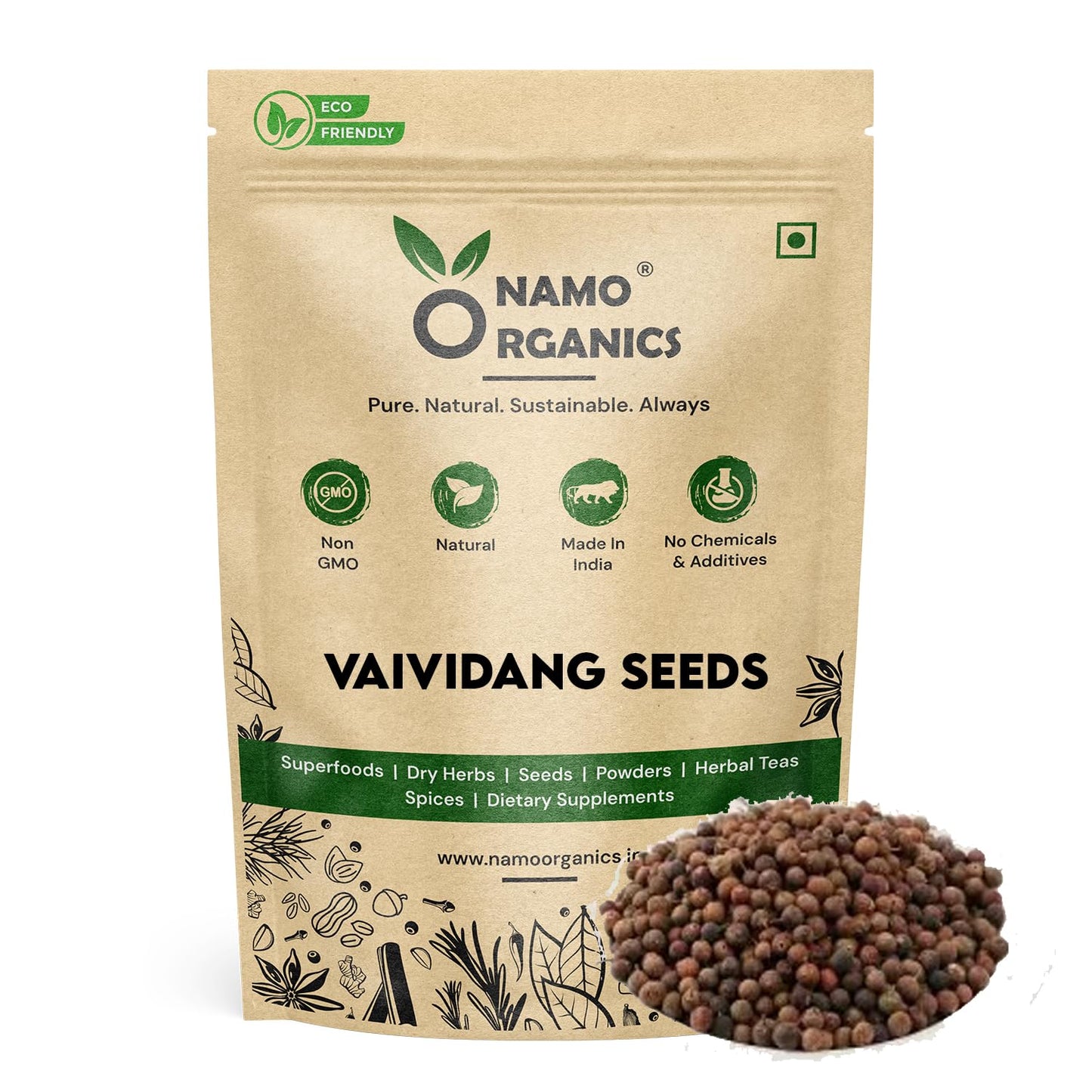 Namo Organics Vaividang Seeds packaging with seeds displayed on a white background