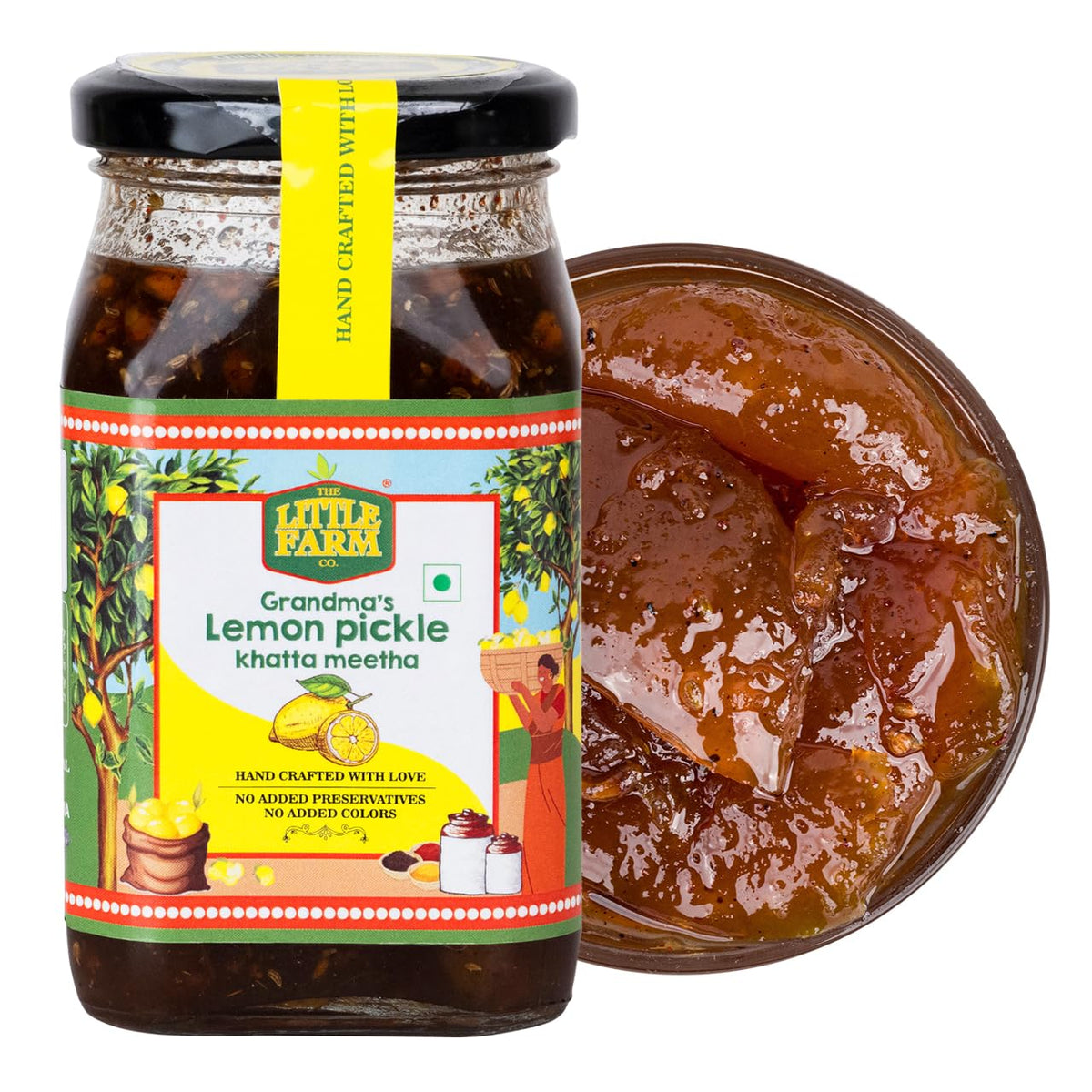 THE LITTLE FARM CO Sweet & Sour Lemon Pickle - Nimbu ka Achar | Oil Free | Homestyle Khatta Meetha Nimbu Pickles | No Added Preservatives, Artificial Colours & Flavours | Traditional Recipe