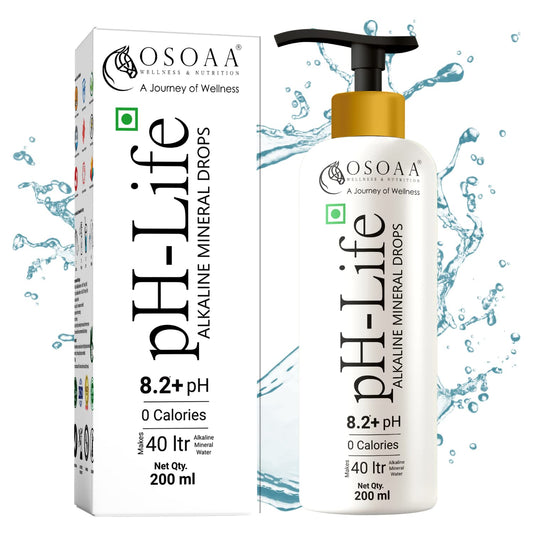 OSOAA pH-Life Alkaline Mineral Drops packaging with bottle and box on a white background with water splashes.