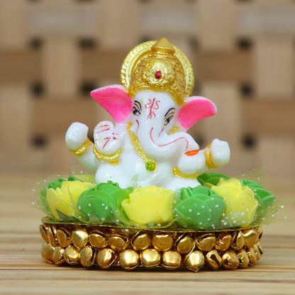 Lord Ganesha Idol on Decorative Handcrafted Plate with Green and Yellow Flowers