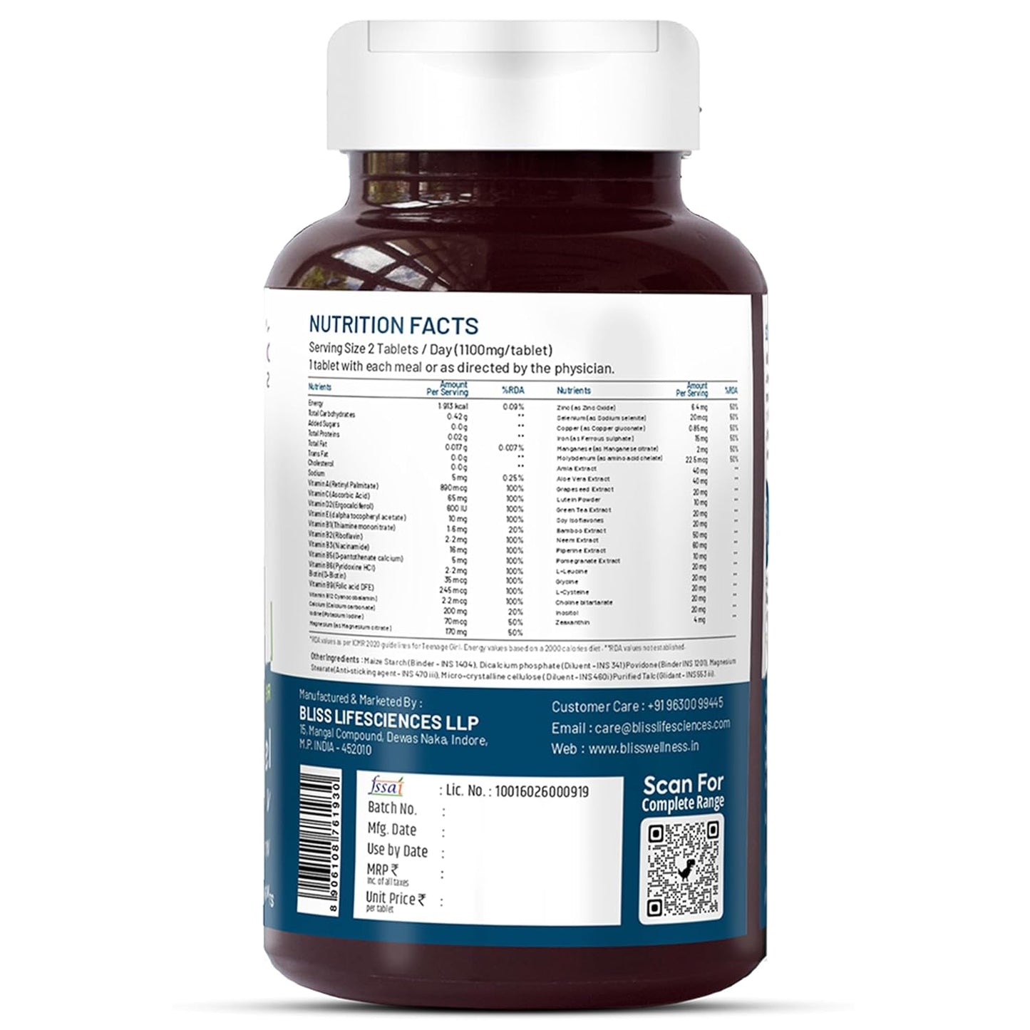 Bliss Welness Teenage Girl Multivitamin With Vitamin, Minerals, Calcium Magnesium Zinc, Aloe Vera Extract, Bamboo and Grapeseed Extract For Immunity, Hair Skin Nails, Bone & Joint Health - 60 Tablets