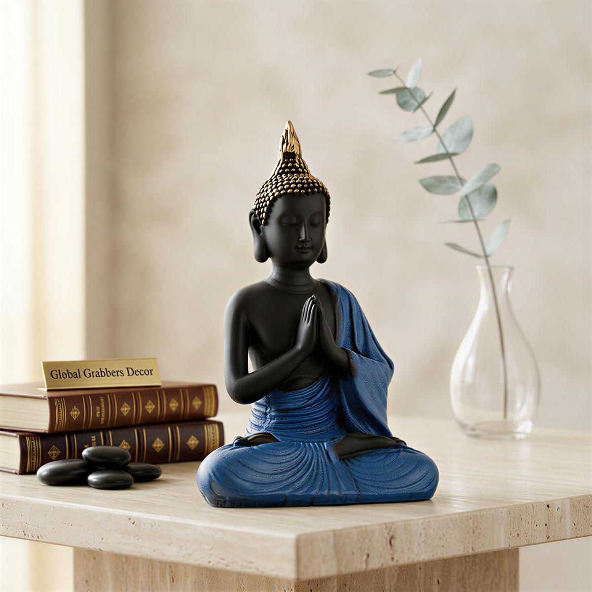 New Namaste Praying Buddha Statue showpiece Idol Home Decor Items for Living Room and Gifts (Blue Black)