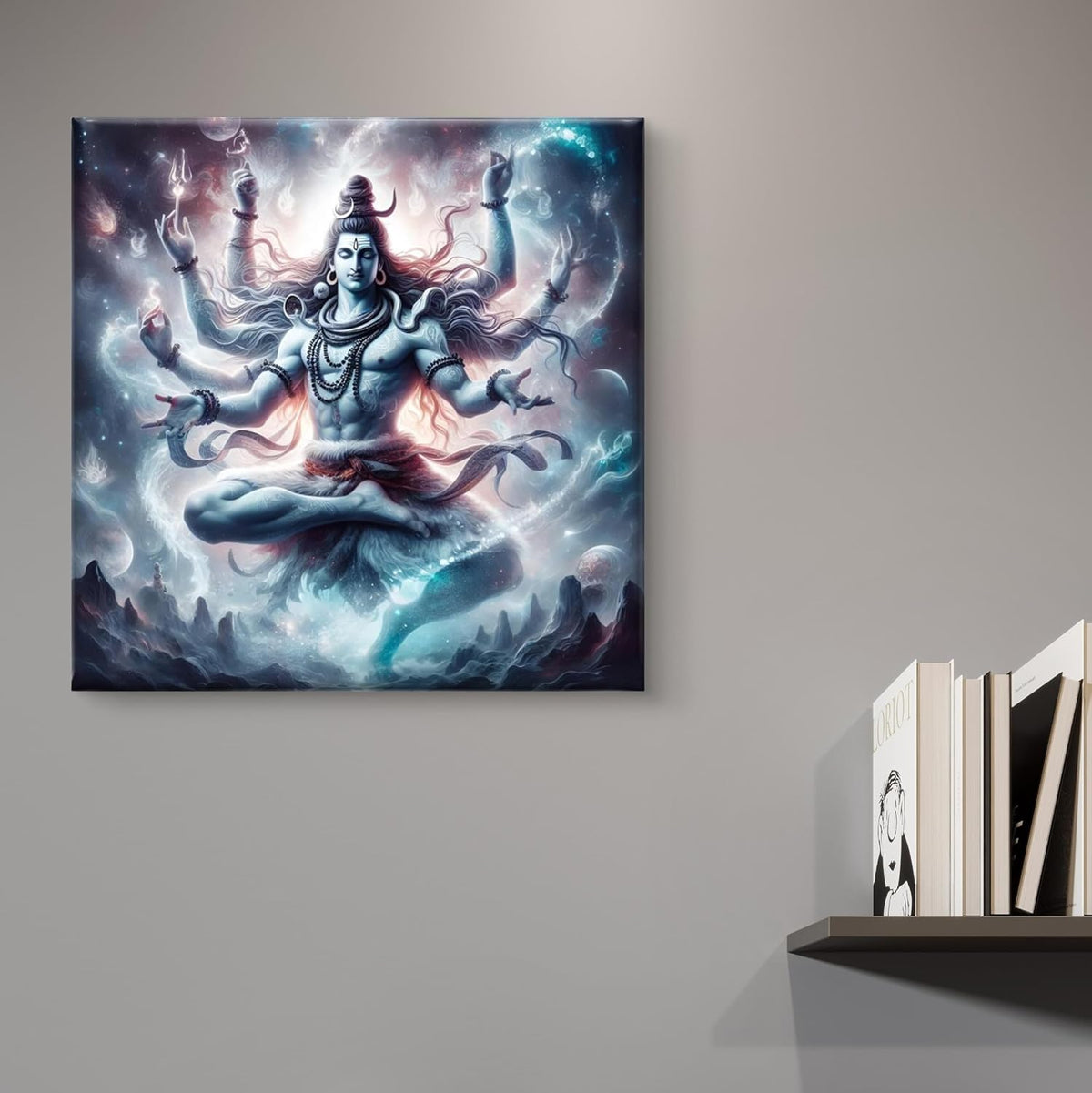 Lord Shiva Cosmic Dance Wall Art Canvas, Hindu Deity Digital Painting, Mystical Spiritual Decor, Blue and Turquoise 16 Inch x 16 Inch CVS-38126
