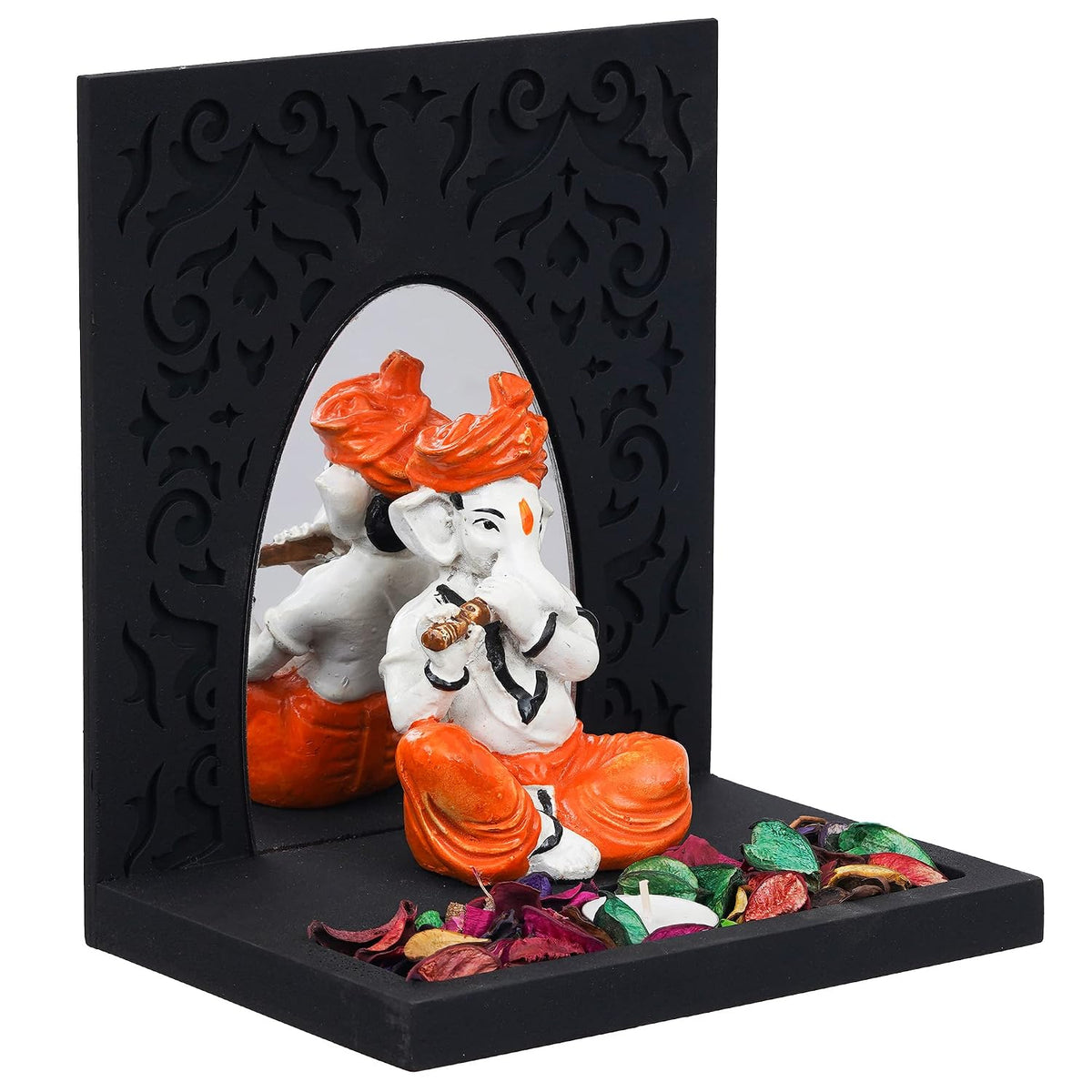 Orange White Resin Lord Ganesha Idol Playing Flute Showpiece Potpourri Tea Light Candle Holder| Ganpati Murti Tea Light Holder Diwali Decoration Items for Home Decor Office| Diwali Gift