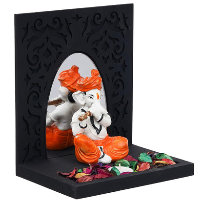 Orange White Resin Lord Ganesha Idol Playing Flute Showpiece Potpourri Tea Light Candle Holder| Ganpati Murti Tea Light Holder Diwali Decoration Items for Home Decor Office| Diwali Gift